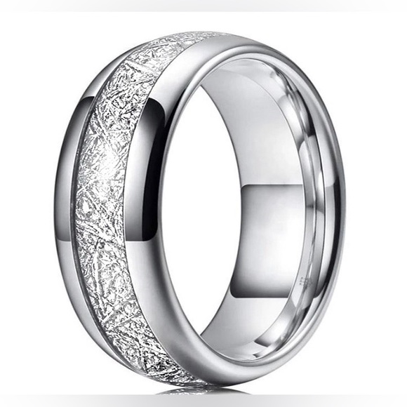 Men's White Fire Opal Meteorite Crushed Ceramic Tungsten Carbide Ring - Picture 3 of 4